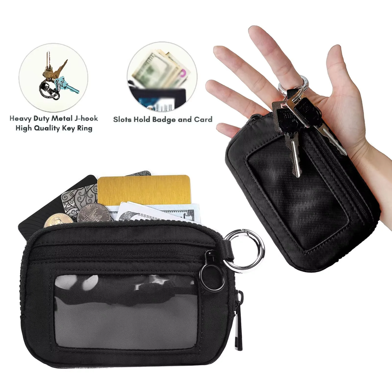 Women Coin Wallet Keychain Purse Card Holder Black Card Wallet Pouch Key Chain Wristlet Bag Card Case with Clear ID Window