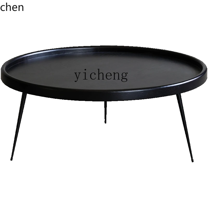YFY  Round Oak Combined Tea Table Side Table Modern Minimalist Black Silent Style Natural Color Tea Table