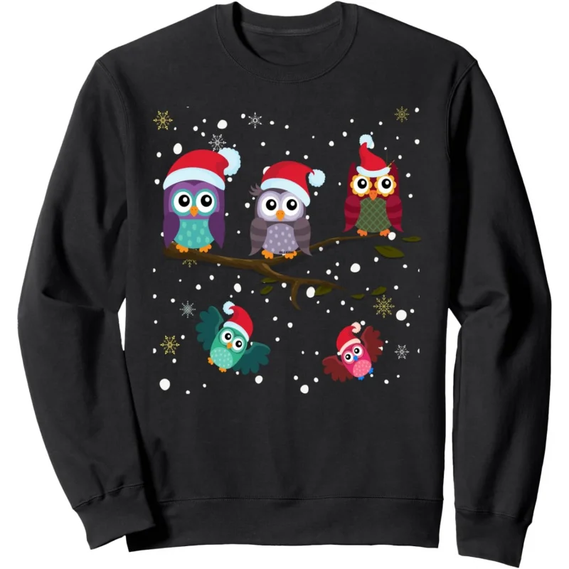 

A cute Christmas owl for men wearing a Christmas hat and a black long sleeved T-shirt with snow scenery