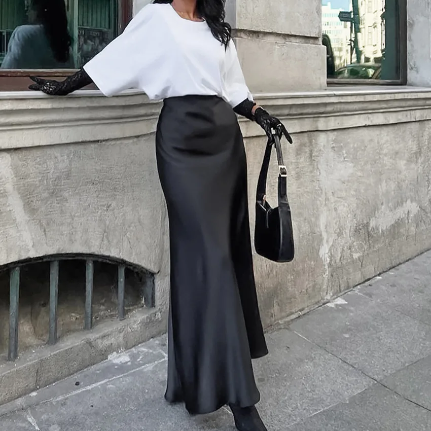 UOOZEE Elegancka spódnica maxi do pracy, rozkloszowana, długa, w jednolitym kolorze, luźna, z wysokim stanem, zapinana na zamek, idealna na imprezy, model 2026