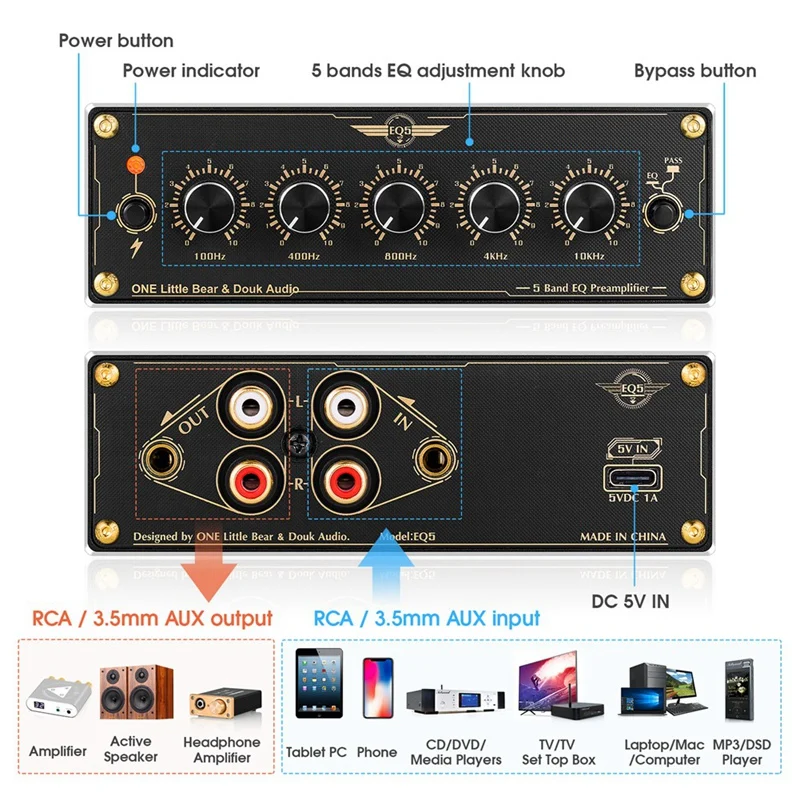 EQ5 2.0 Channel Mni 5-Band Analog EQ Preamp Audio Equalizer Home/Car Audio Processor Stereo Pre-Amplifier