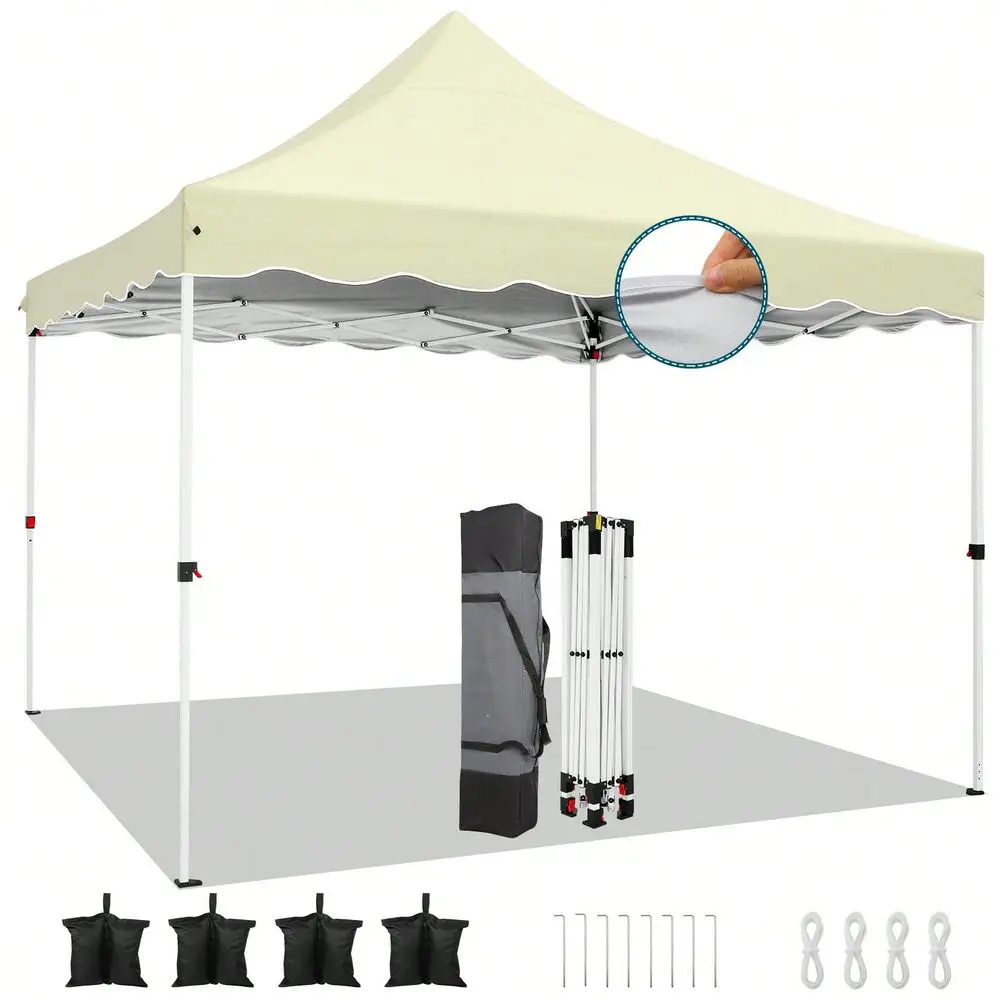 10x10 Pop Up Canopy Tent Gazebo Pavilion For Parties With 4 Sandbags, 4 Ropes, 4 Stakes Wavy Edge, One Person EZ Setup, 20 Thic