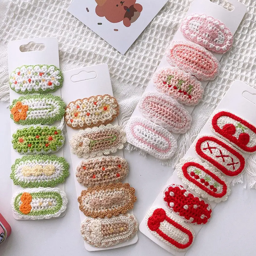 5pcs/set Knitted Hair Clip For Kids Girls Handmade Woolen Flower Weave BB Clip Barrettes Hairpins Crochet Side Bangs Clips