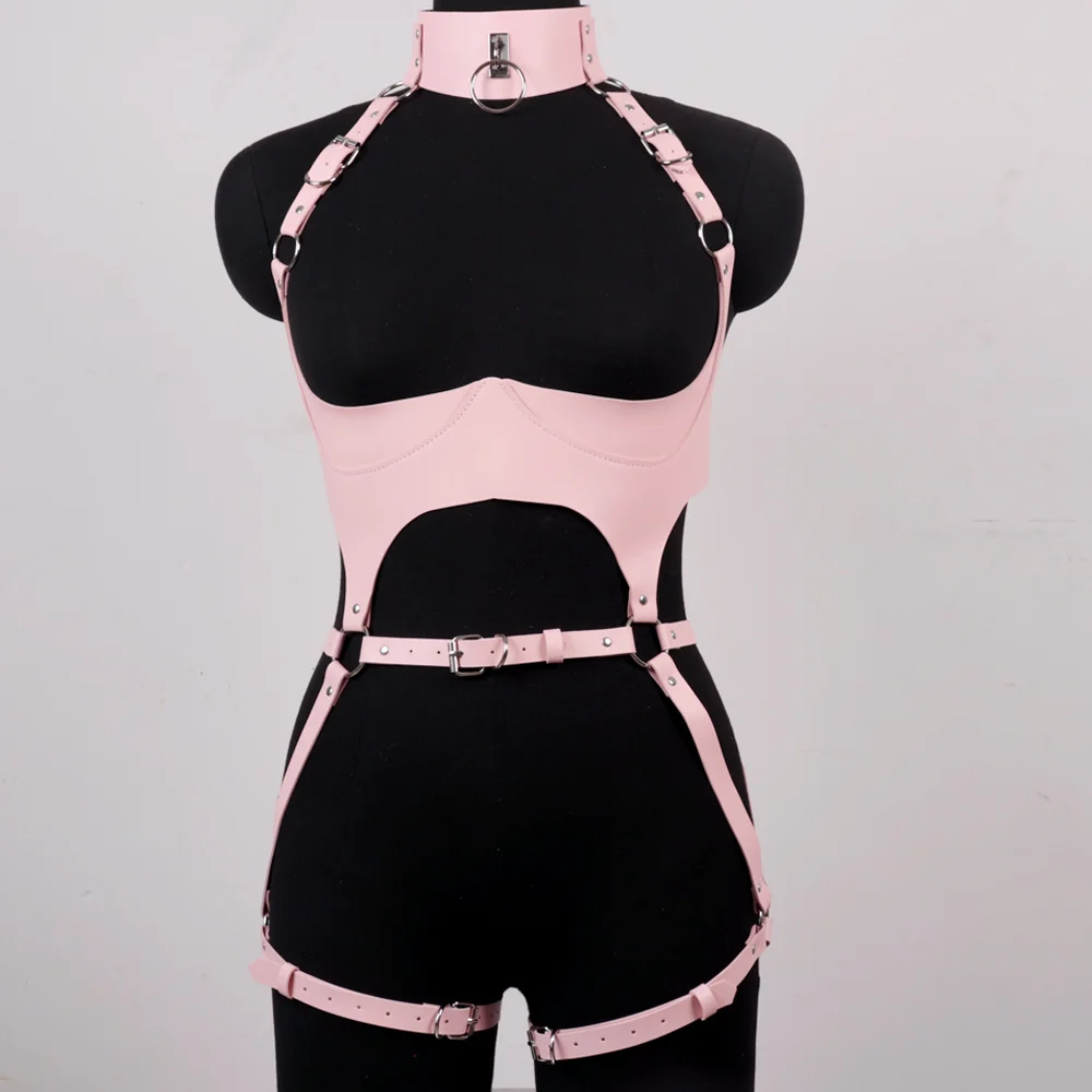 Pink Sexy League Body Bra Women Belt Harness Gothic Leather Garter Harajuku Harness Bra Cage Tight Bondage Adjustable 3 PCS