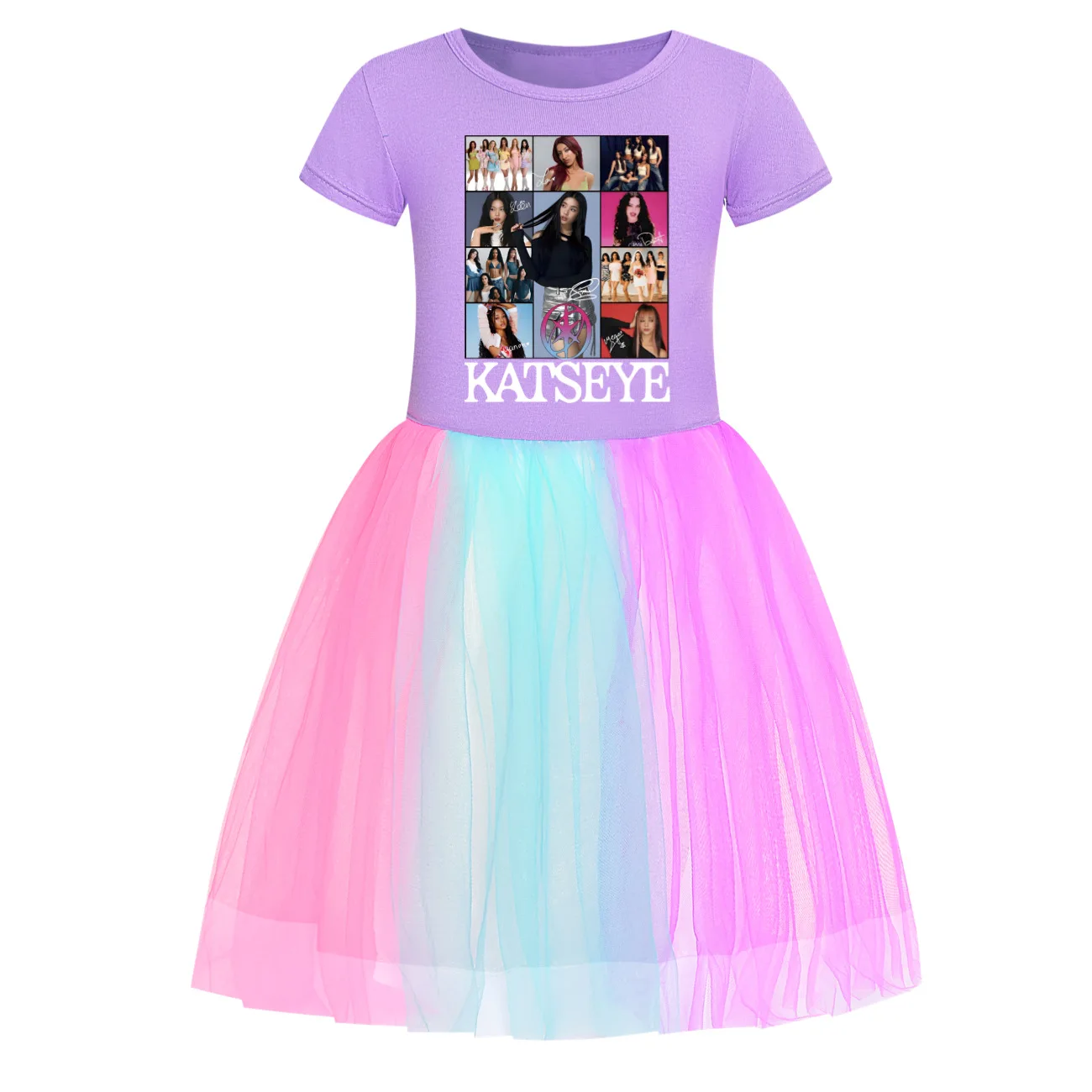 KATSEYE Clothes Girls Rainobw Mesh Sequin Tutu Dress with Bag Kids Short Sleeves Casual Dresses Children Princess Party Vestidos