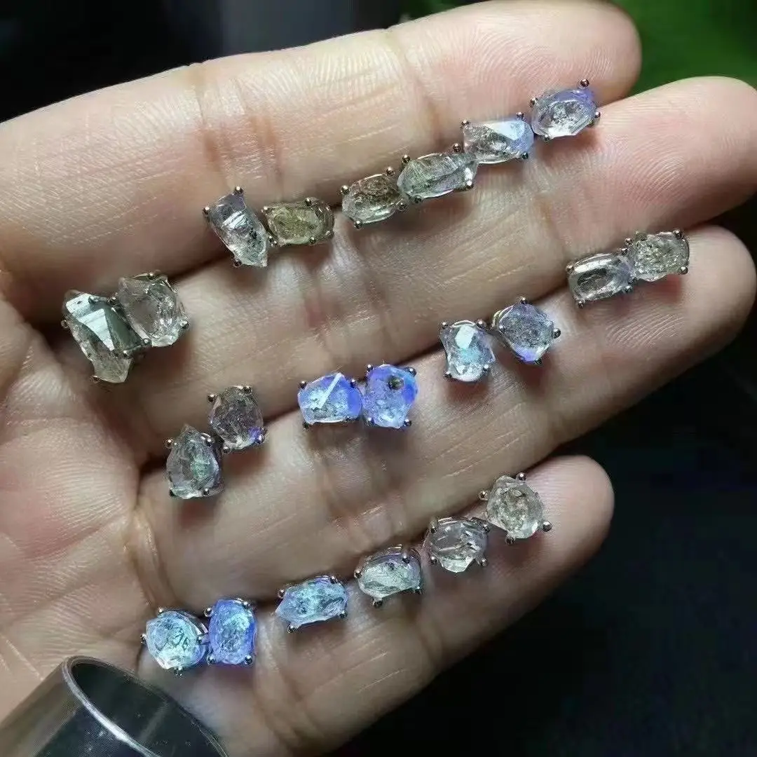 Unit One Pair 925 Silver Inlay UV flash Natural Herkimer Diamond Crystal Stone Ear-rings for Gift