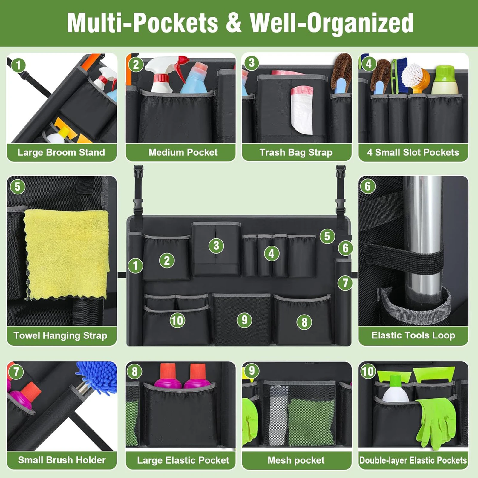 

Cleaning Tool Storage Bag with Multiple Pockets Trash Can Caddy Bag Adjustable Buckle Trash Bin Covers for Janitorial Trash Can
