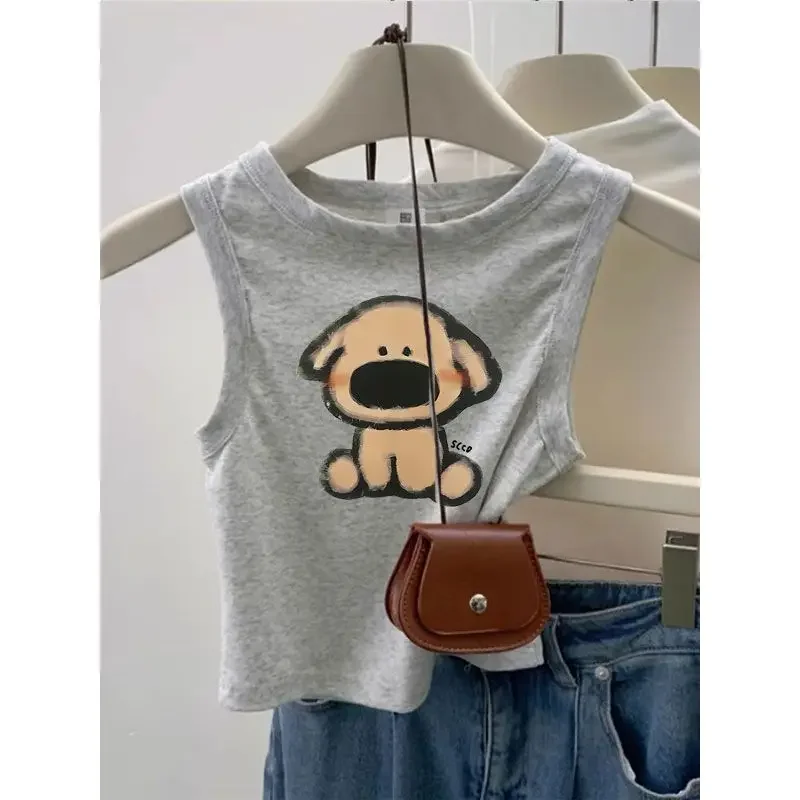 Gilet à bretelles en pur coton bordeaux pour fille épicée, imprimé de dessin animé, petit haut court sans manches pour femmes, nouvelle collection été 2024