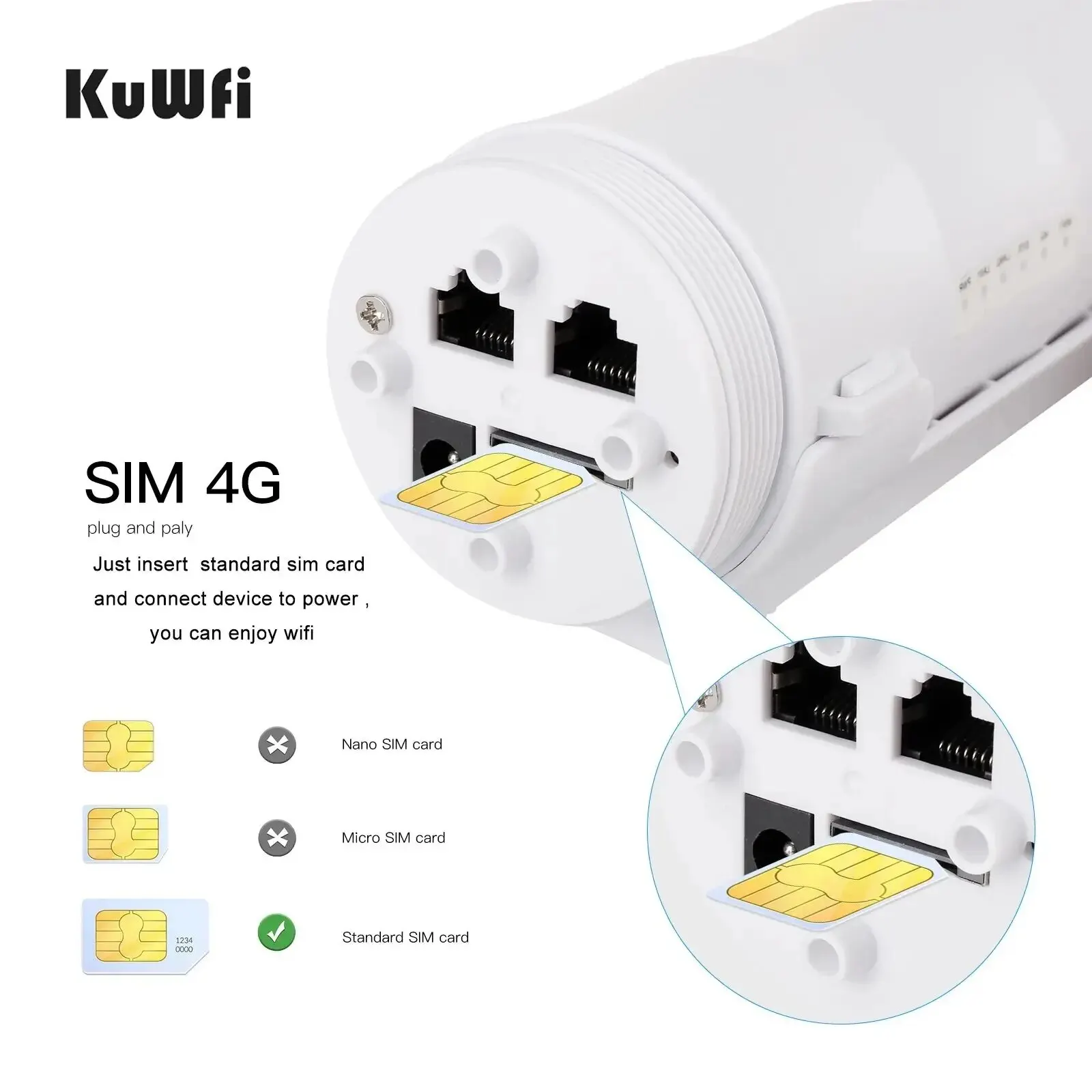 KuWFi 4G Zewnętrzny router WIFI 300 Mb/s Wodoodporny router kart SIM 4G Szeroki zakres Bezprzewodowy punkt hottowy internetowy Obsługa Wi-Fi 64 użytkowników