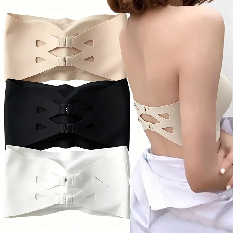 2pcs Sexy Seamless Strapless Bra Ice Silk Women Soft Tube Top Summer Crop Bralette Large Size Bustier Comfort Wireless Vest Top