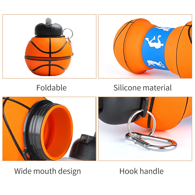 Portable Sports Water Bottle 550ml Foldable Football Kids Water Bottles Football Soccer Ball Shaped Water Bottle Silicone Cup