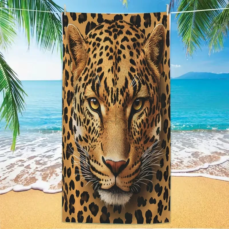 Realistic Fashion Leopard Head Print Beach Towel Wild Animal Print Absorbent Quick Dry Soft Towel for Beach Pool Vacation Use