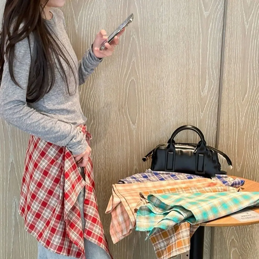빈티지 짧은 격자 무늬 미니 스커트 허리 벨트 장식 하이웨이스트 하프 바디 스커트 한국 스타일 Y2K 언밸런스 스커트 파티