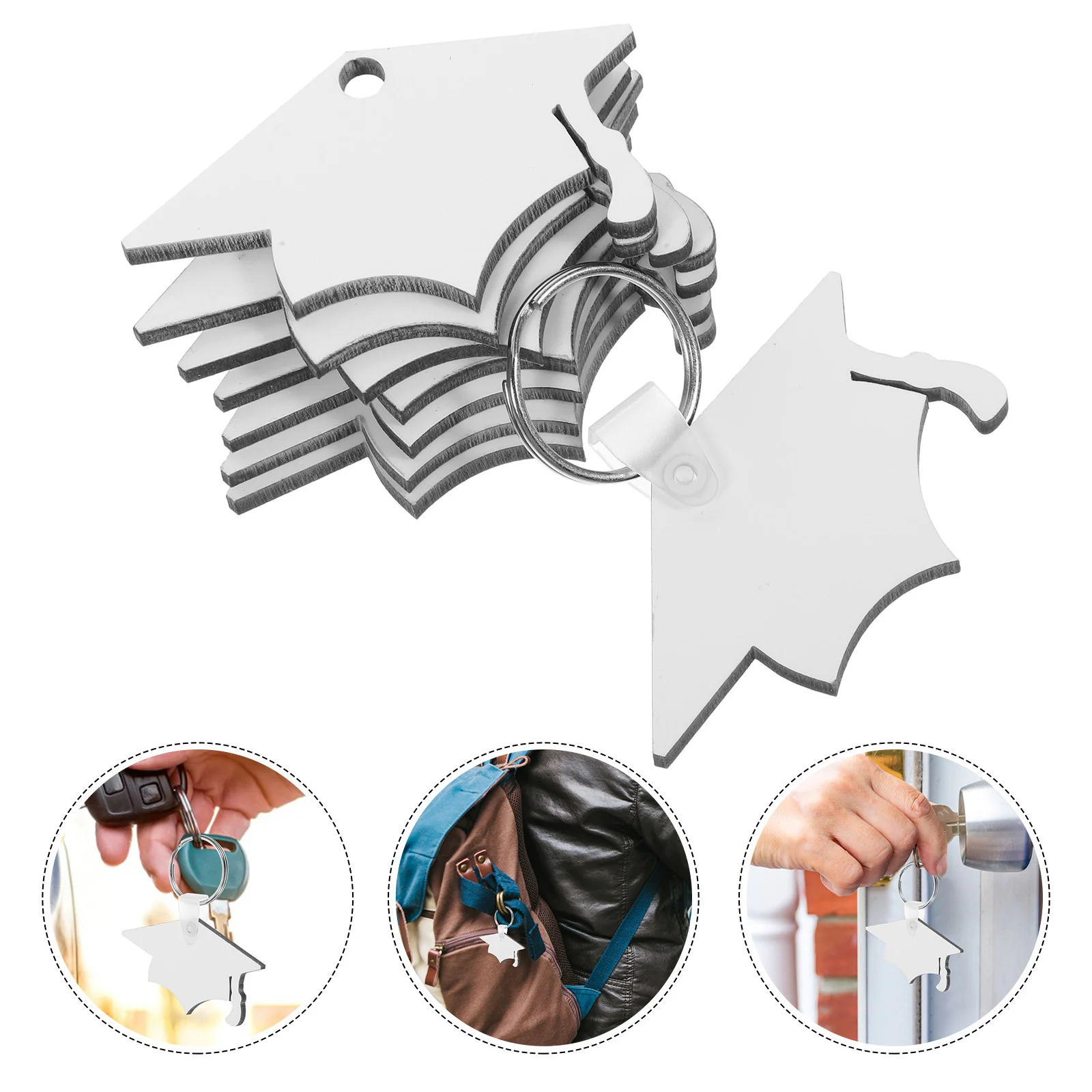 8pcs Graduation Cap Keychain Blank Sublimation Pendant Heat Transfer Grad Hat Lightweight Smooth Comfortable Unique