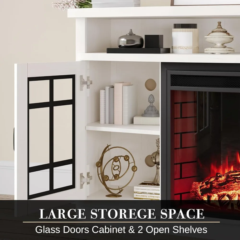 Fireplace TV Stand for TVs Up To 65", Media Fireplace TV Console Table with Storage Farmhouse Glass Door, TVs Stand image 4