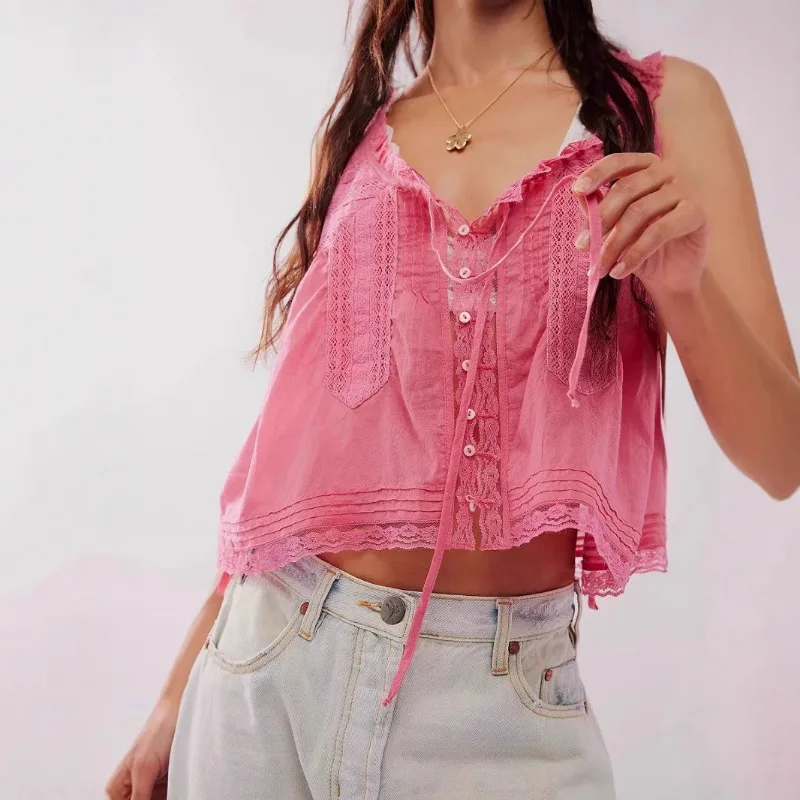 

2026 Solid Color Sweet Button-down Lace Stitching Sling Vest Top