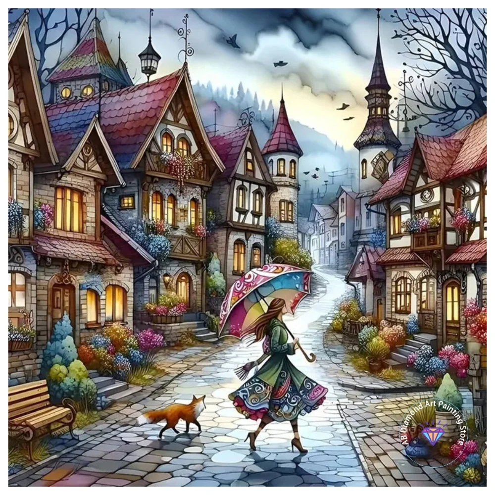 

House Landscape AB Diamond Painting Kit Square Round Diamond 5D DIY Street Girl Mosaic Handmade Art Exquisite Gift Home Decor