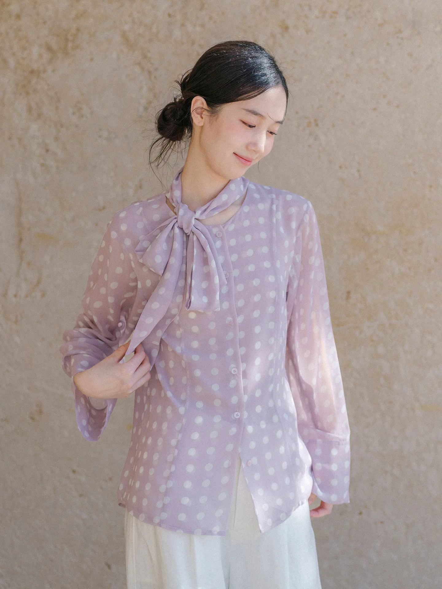 

Bluwhite Early Spring Light Long Sve Polka Dot Bow Tie irt Pink Purple Princ Sle Loose Fit Polyester Fiber