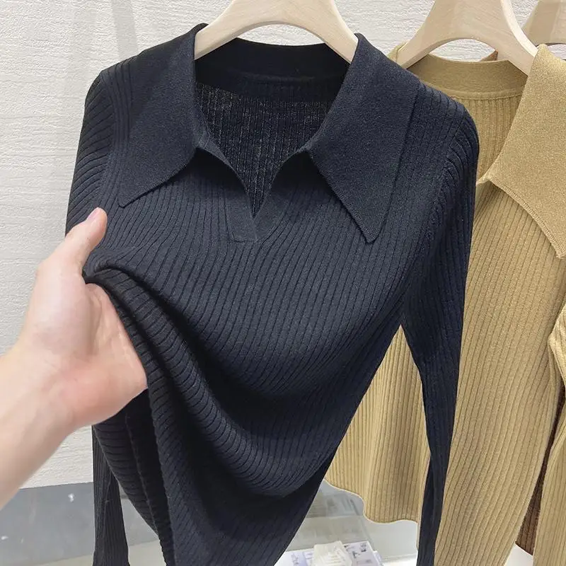 Lapel Sweater Pullovers Women 7-Colors Knitwear European Slim Tops Fashion Minimalist Inside Basic Pull Femme Autumn Harajuku