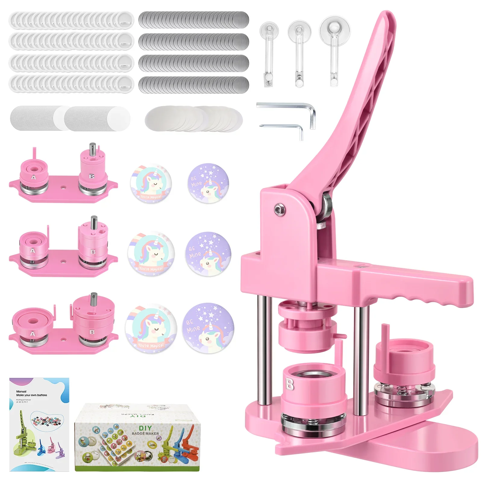 25/32/58 мм розово-зеленая машина для изготовления пуговиц DC109, набор значков, 100 шт. детали для пуговиц + резак для круга + форма, машина для изготовления значков