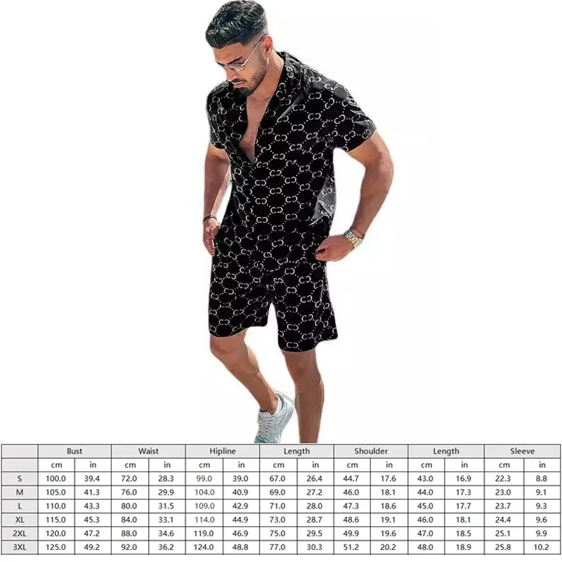 Summer Men\'s Printed Casual Short-sleeved Shorts Suit Hawaiian Holiday Beach Fashion Lapel Button Loose Sportswear Suit