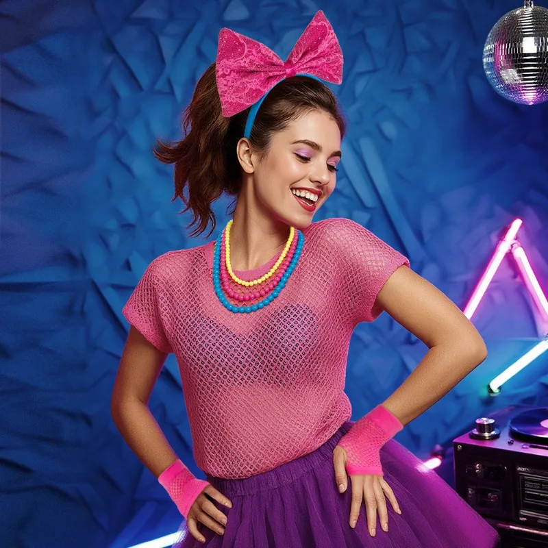 Kostuumaccessoires 80s Disco Party Set -6-delige retro hoofdband, choker en polsbandset met strikdetails