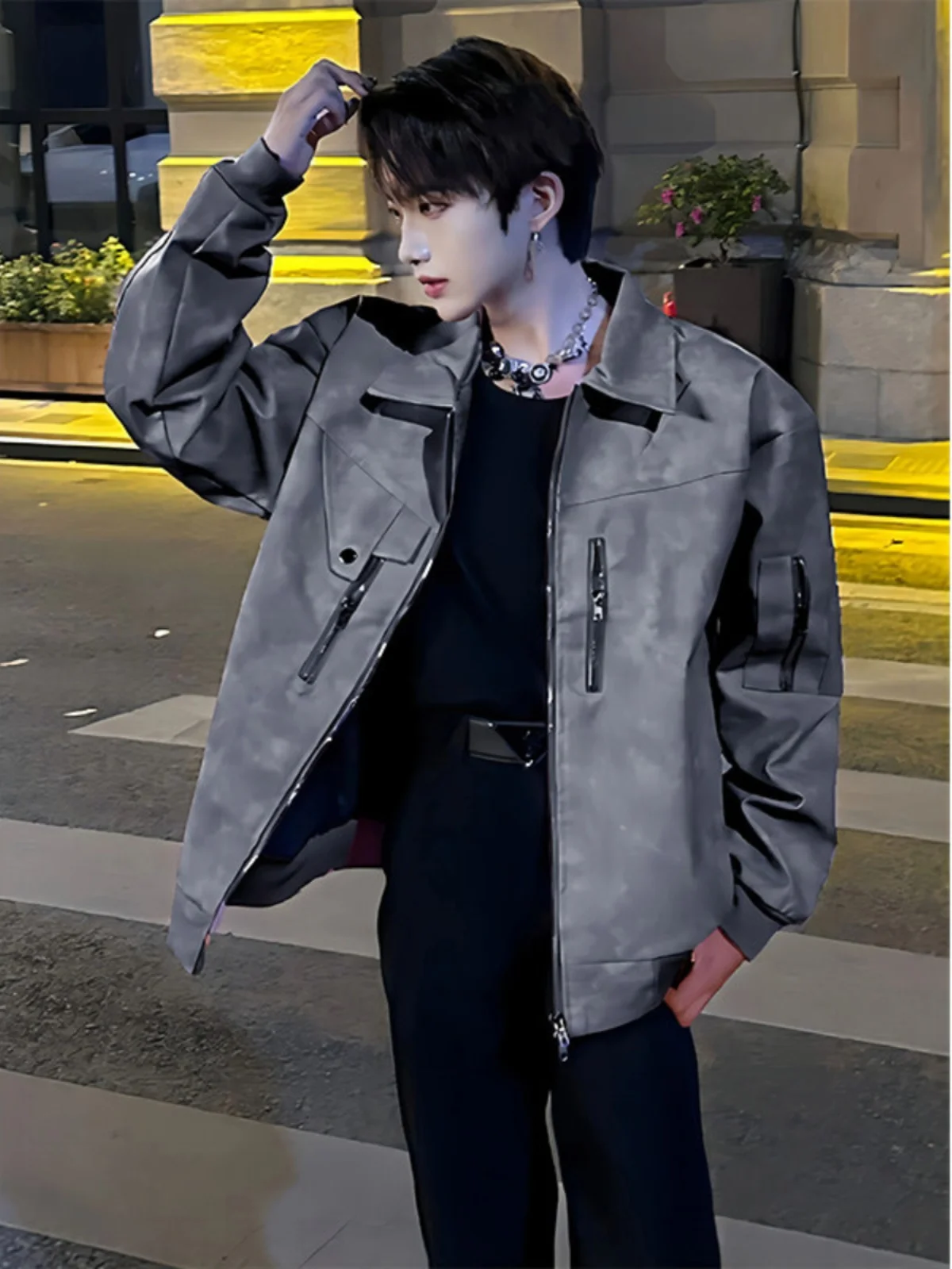 

Korean Sle ort Men's Jaet oulder Pad High End Feel Leather Coat Clean Fit Design Sense Spring Autumn Season Outerwear