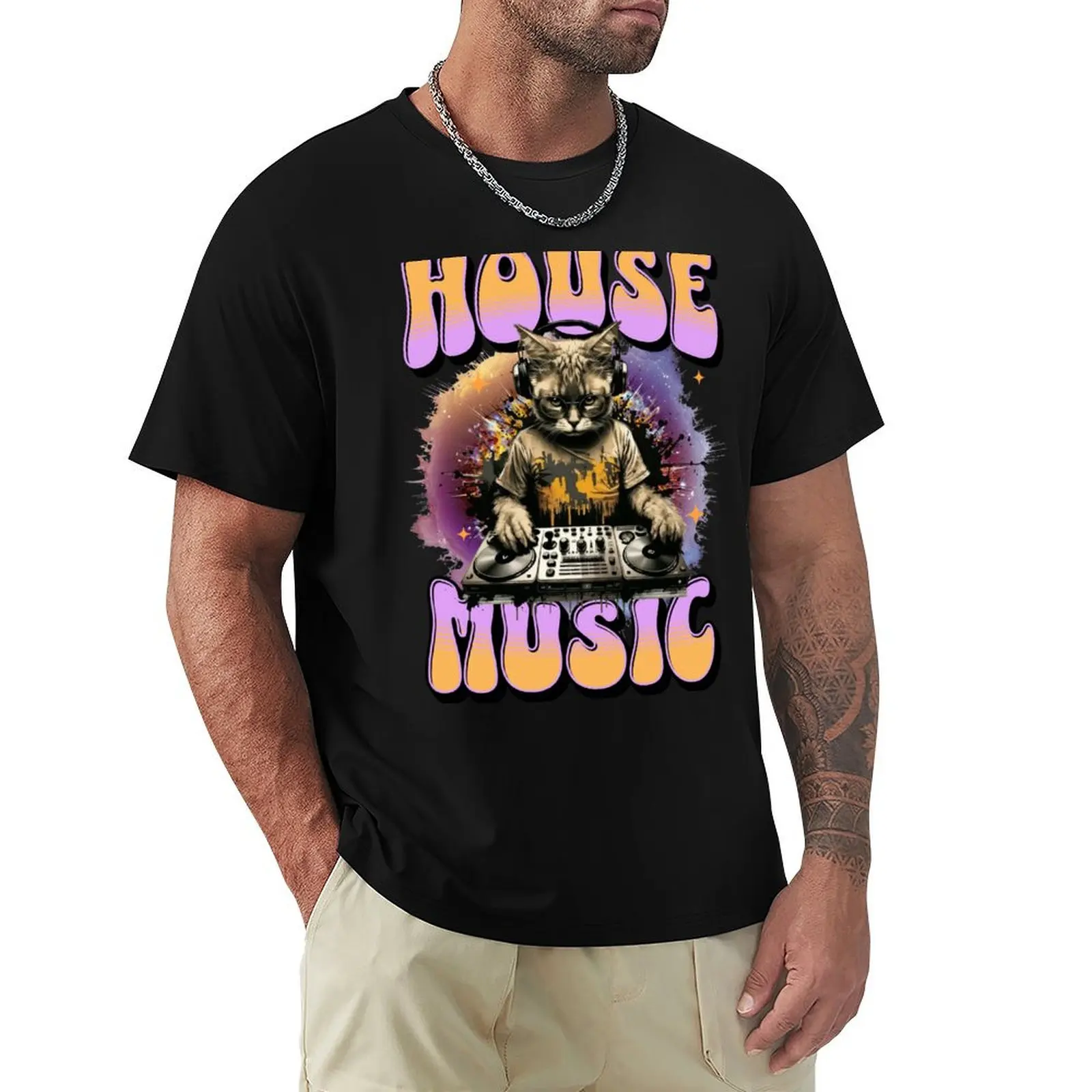 

HOUSE MUSIC - Feline Dj On Decks (pink/orange) T-shirt customs heavyweights plus size tops slim fit t shirts for men