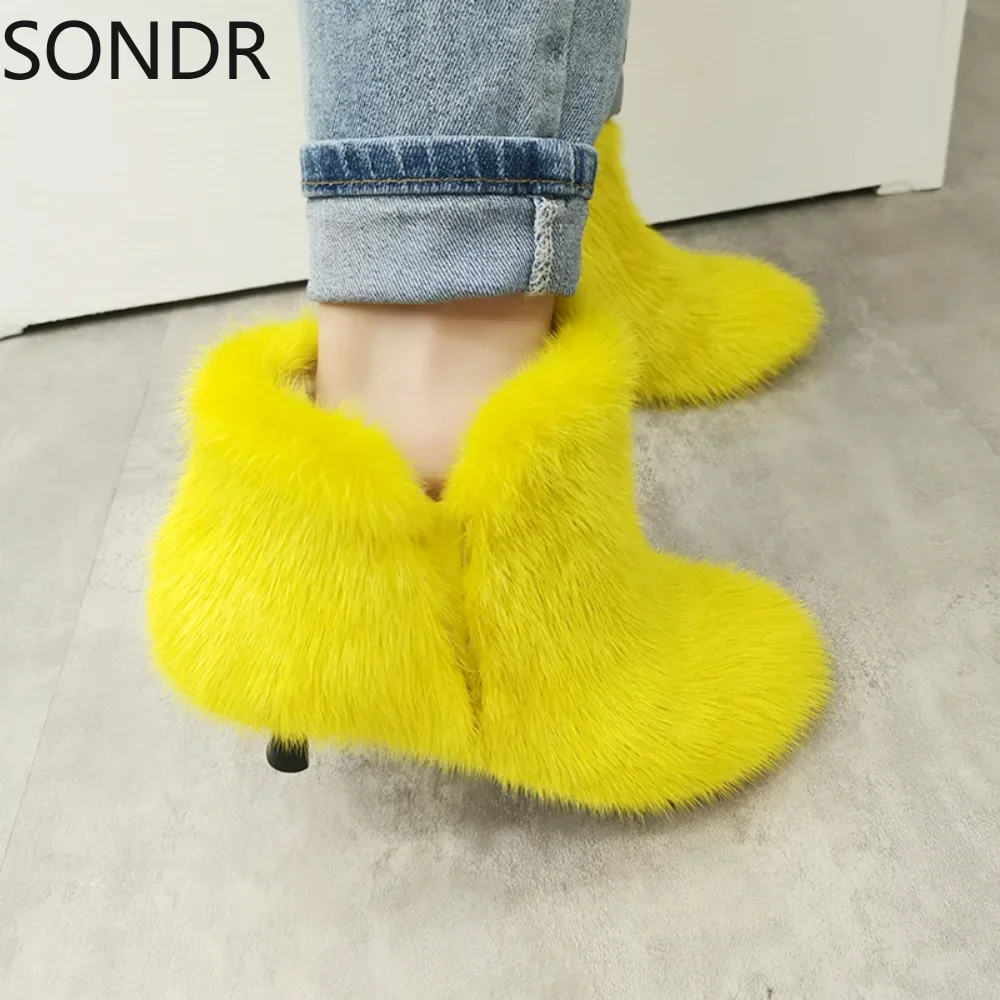 Womens Genuine Mink Fur Leather Furry Ankle Boots Stilettos High Heel Luxury Shoes Custom Made Candy 11 Color Australia