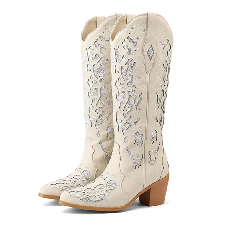 Bling Crystals Western Cowboy Women Knee-high Boots Fashion Floral Cowgirl Boots Retro Shoes