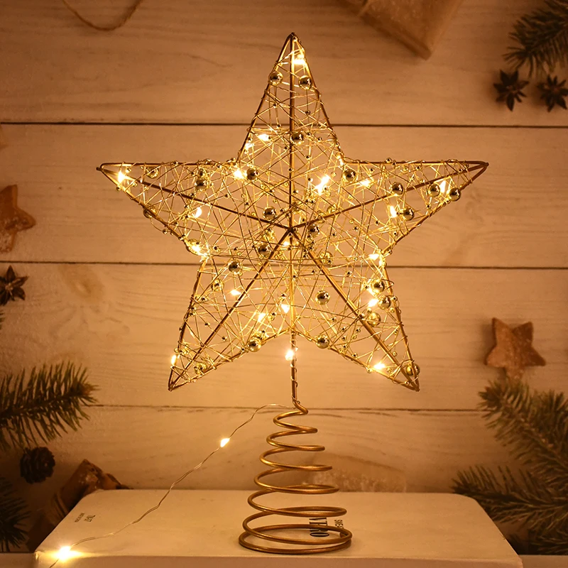 

Gold Glitter Christmas Tree Top Star LED Iron Five-pointed Star Lights Xmas Tree Topper Decor Xmas Navidad Noel 2025 Home Decor