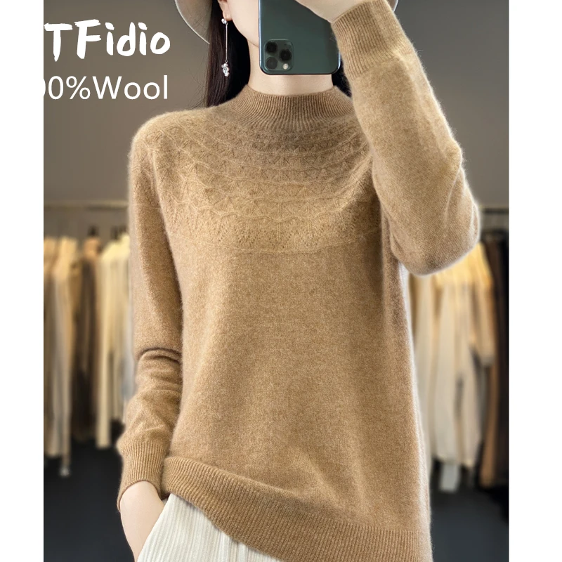 YTFidio 100% wełna kobiety Mock-neck drążą półwysoki kołnierz golf wąskie swetry jednolity sweter bluzki damskie 92