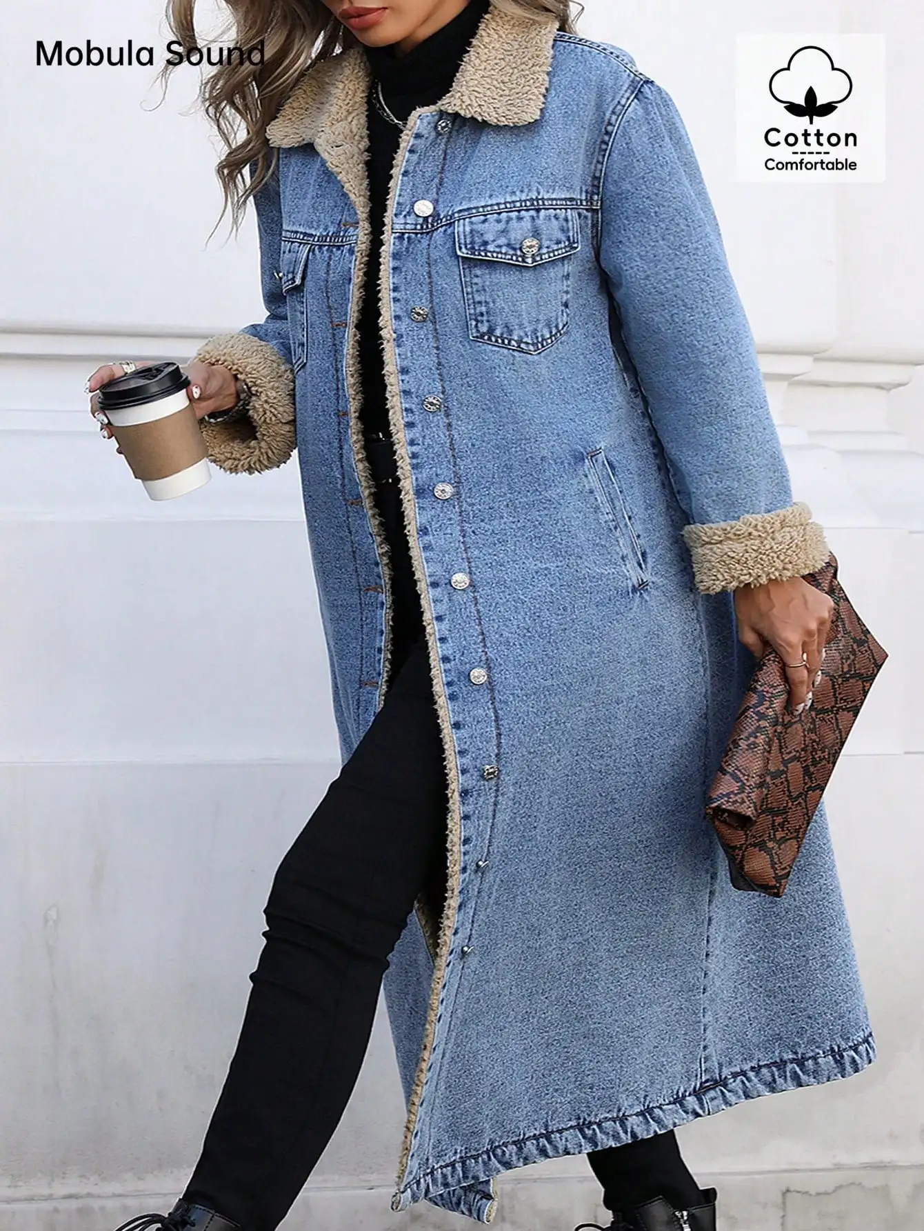 Veste en jean Y2K pour femmes grandes tailles avec doublure en fausse fourrure, style long pour un usage décontracté et hivernal