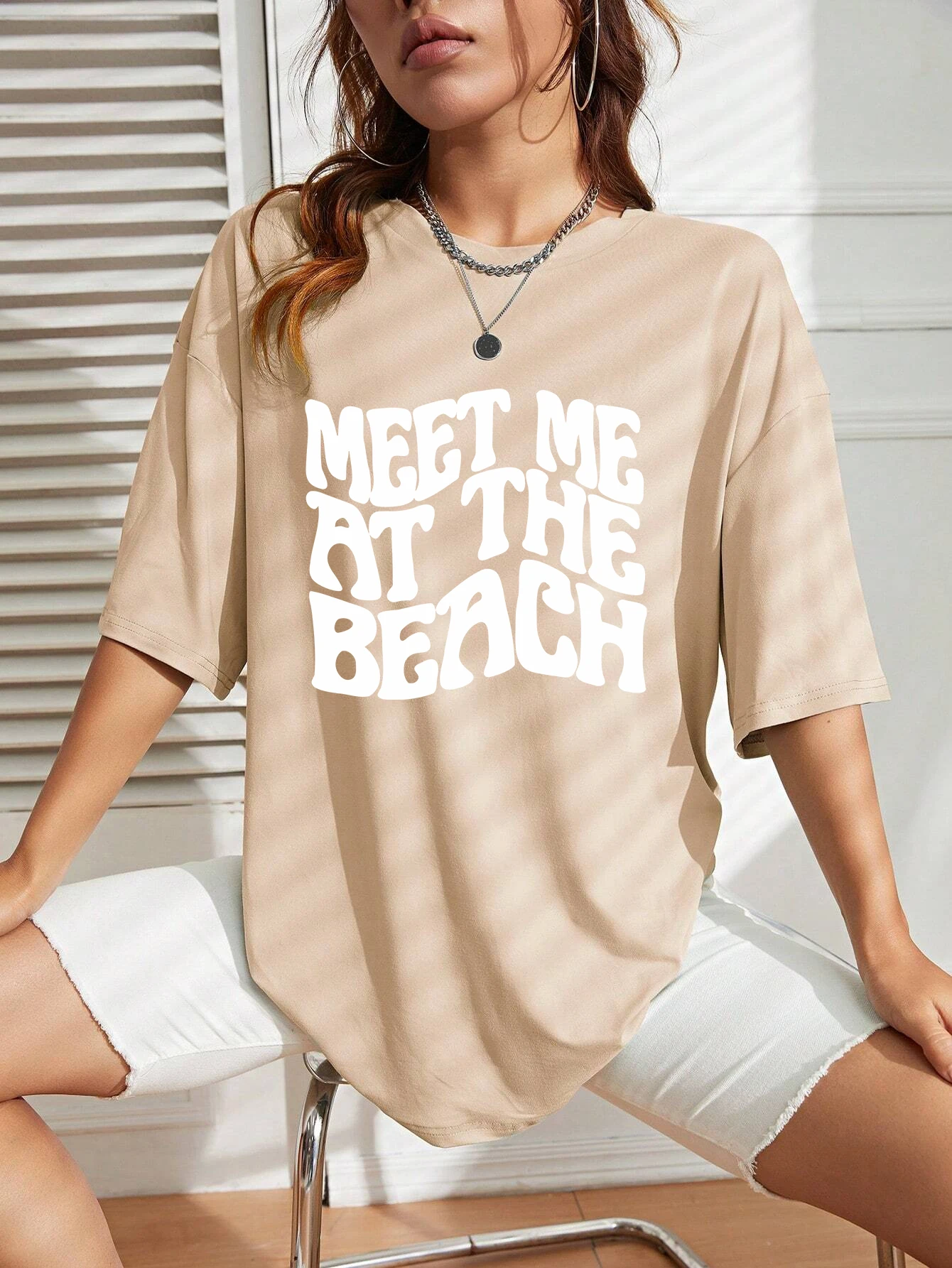 

Meet Me At The Beach Art Word Tshirt Women Loose Soft Street Top O-Neck Casual Short Sleeve Fashion Fit Cotton Tshirts Clothes