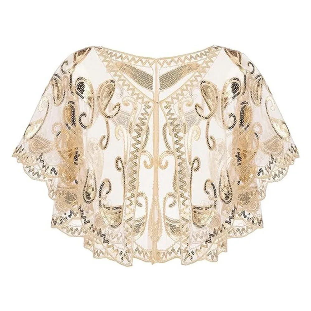 

Retro Sequins Poncho Coat Vintage Style Embroidery Sequins Tassel Shawls Short Cape Multicolor Flapper Shawl