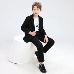 Spring Autumn Boys Solid Blazer Jacket Pants Suit Children Party Host Costume Teens Kids Performance Host Formal Sets Black Gray