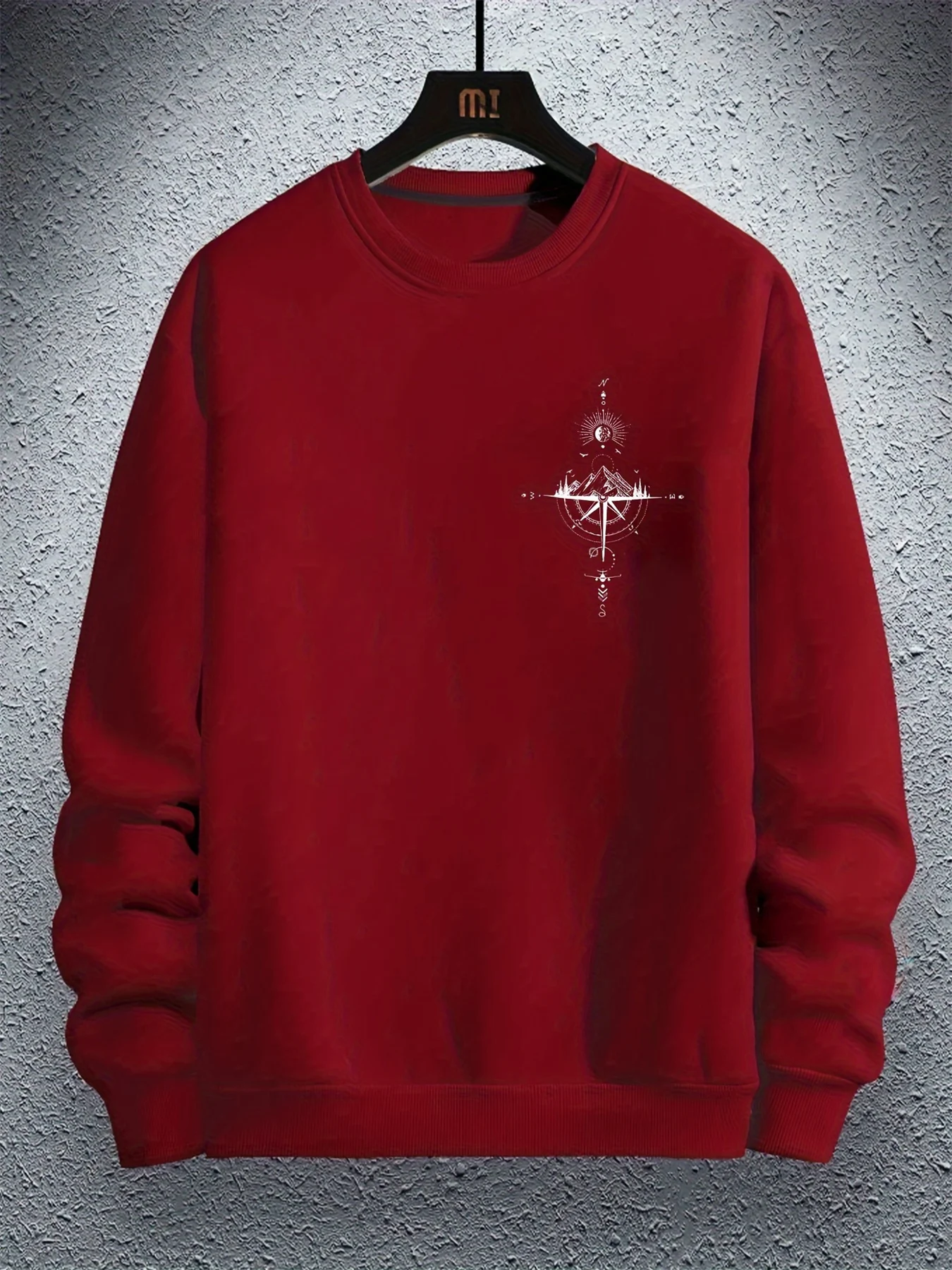 Outono e inverno masculino moda casual solto montanha e bússola impressão gráfica manga comprida em torno do pescoço moletom