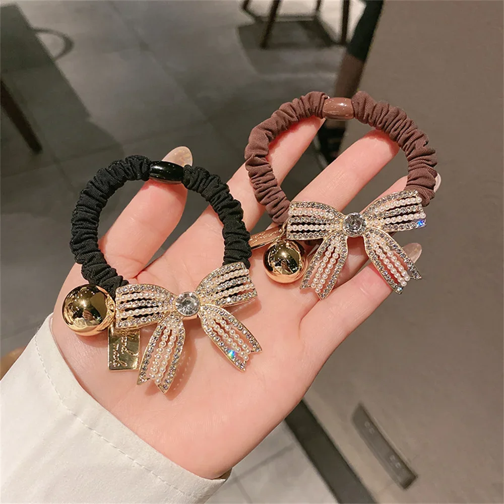 Fashion Imitation Pearl Rhinestone Bowknot Hair Rope Elegant Solid Color Bow Hair Ring Women Girls Ponytail Bun Hairband Gifts