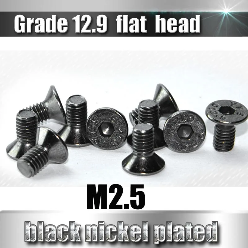 YFS M2.5 Hex Socket flat Head Screws Grade 12.9 Black Nickel Plated Antirust Screws 10Pcs