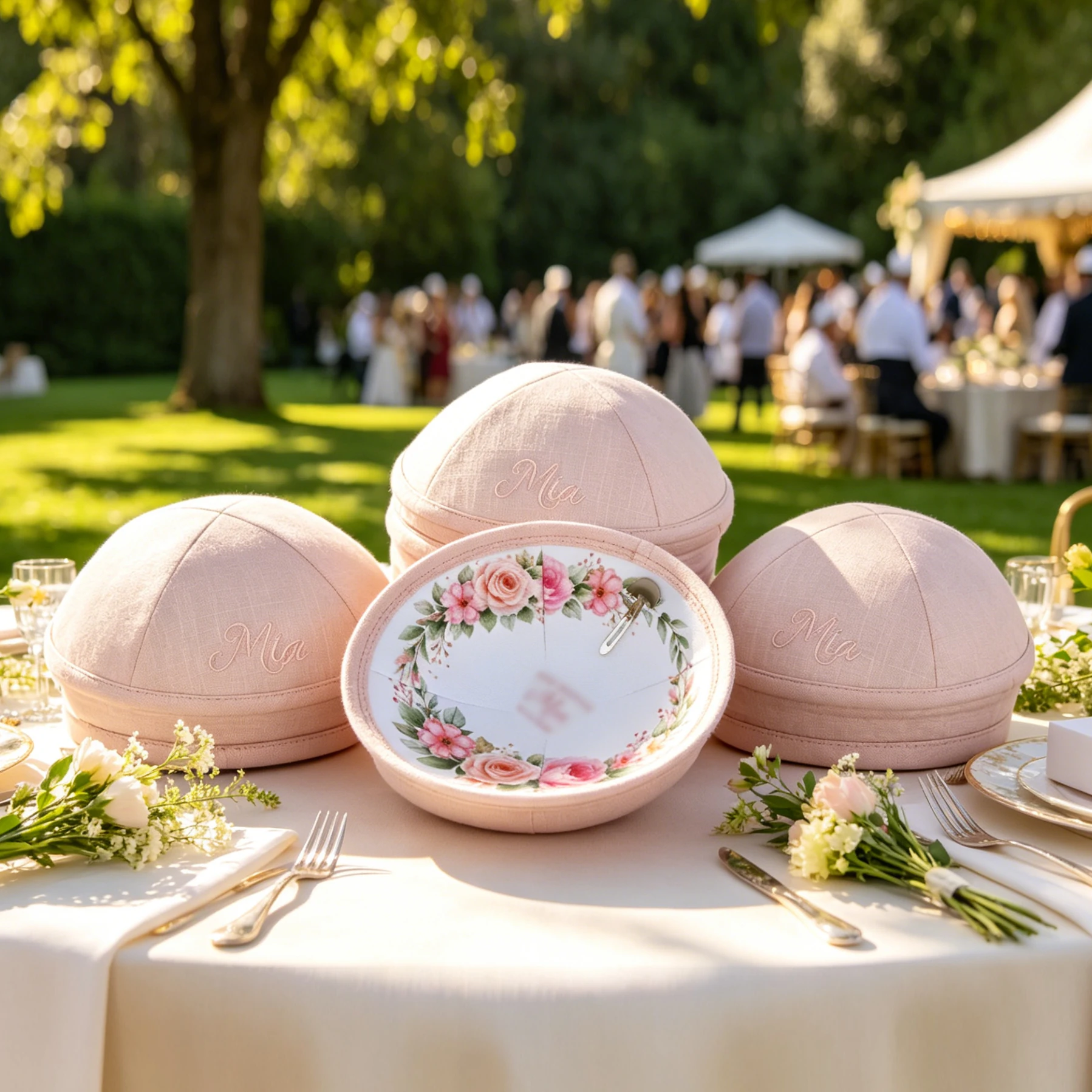 

Pink linen kippah, customizable with embroidered and digital printing, suitable for Jewish bar/bat mitzvah and wedding occasions