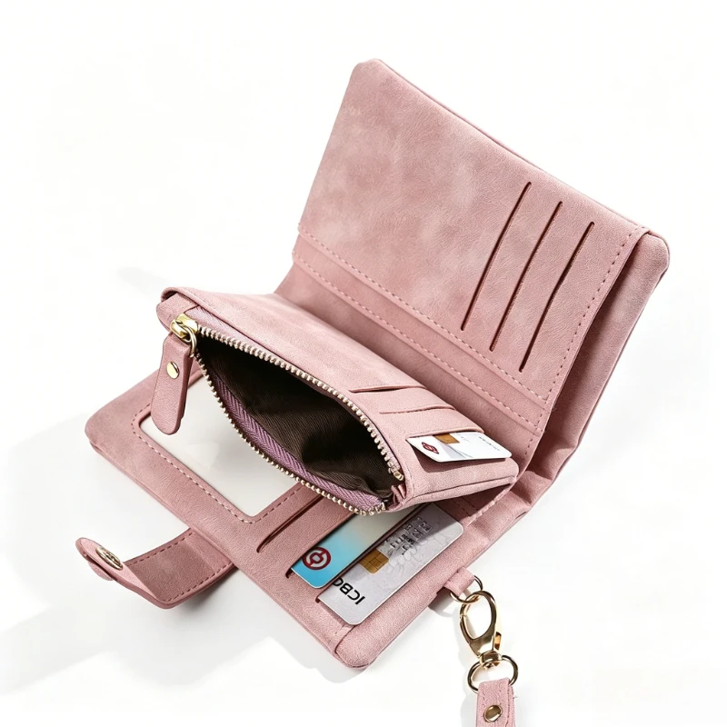 Women’s Wristlet Wallet, Snap Button Bifold Purse with Detachable Hand Strap Multi Card Slots & Zipper Coin Wallet for Daily Use
