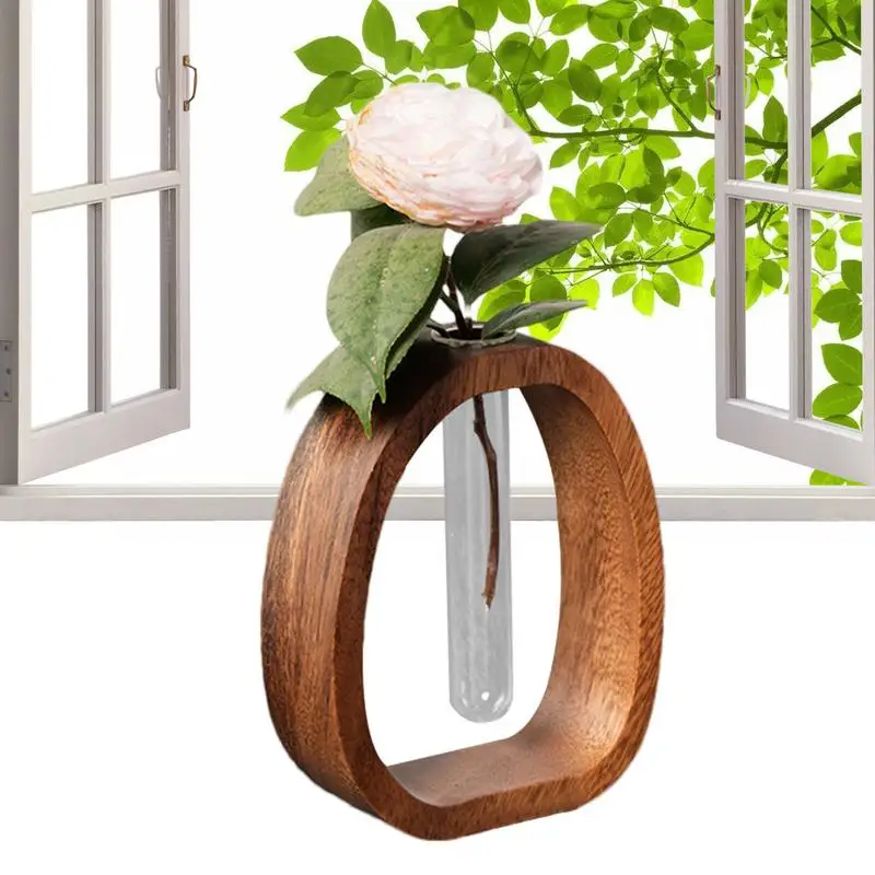 Florero de tubo de ensayo con soporte de madera, contenedor de vidrio hidropónico para interiores, decoración de oficina y hogar, planta acuática