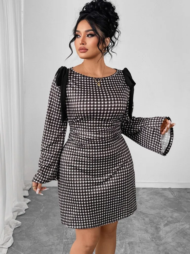 Sukienka XL-4XL Plus Size na wiosnę i jesień, nowa, w kratę, z nadrukiem, z dekoltem typu O, długie rękawy, modna, do pracy, dopasowana, elegancka.