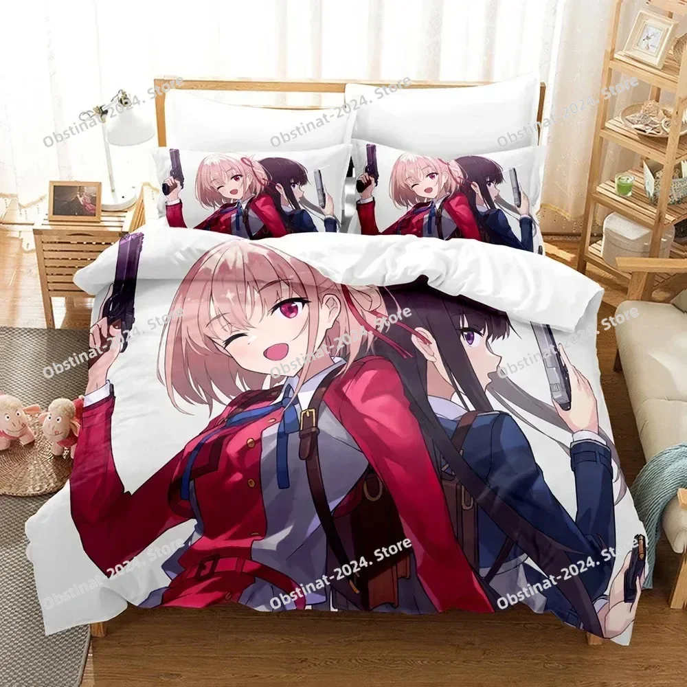 3D 애니메이션 리코리스 리코일 침구 세트 프린트 베개 커버 포함 침대 이불 커버 부드러운 싱글 더블 퀸 슈퍼 킹 사이즈