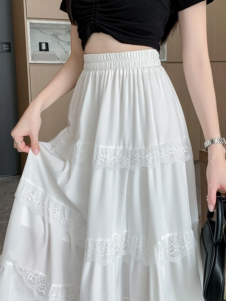 Midi Long Skirt Women White Skirt 2024 Mori Girl Style Sweet Crochet Lace Spring Summer High Waisted A-Line Pleated Skirts rok