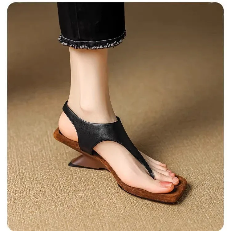 2024 New Summer Wear Wedge Heel High Heel Herringbone Roman Shoes Design Sense Niche Sandals Toe Sandals Women's