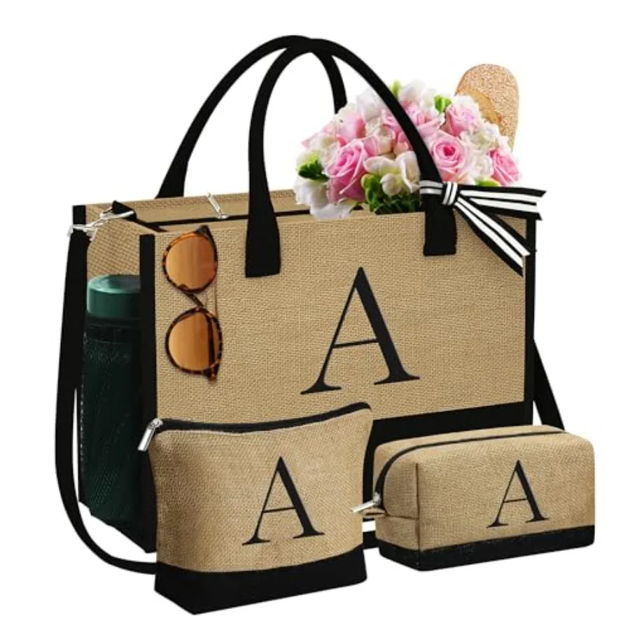 

Gifts for Women - Initial Jute Tote Bag and 2 Makeup Bags Personalized Gifts for Women Teacher Mom Friend Birthday