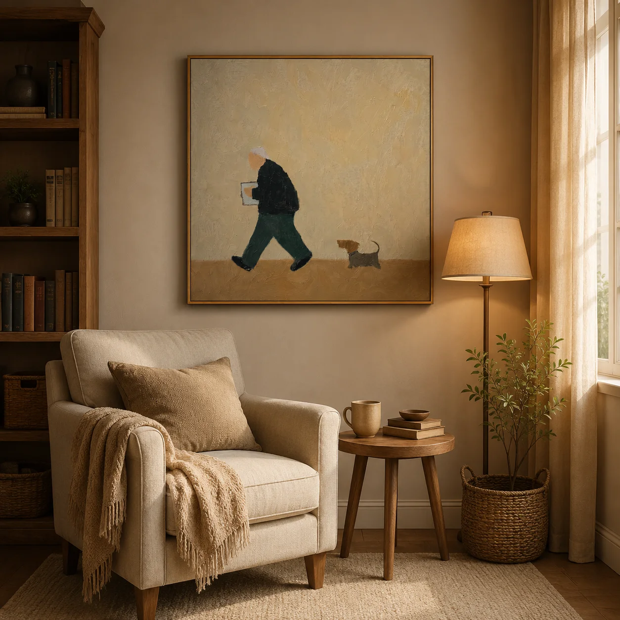 The Evening Reader – Quiet Beige Folk Man & Dog Portrait Painting | Minimalist Square Entryway Art for Bedroom, Living Room view 6