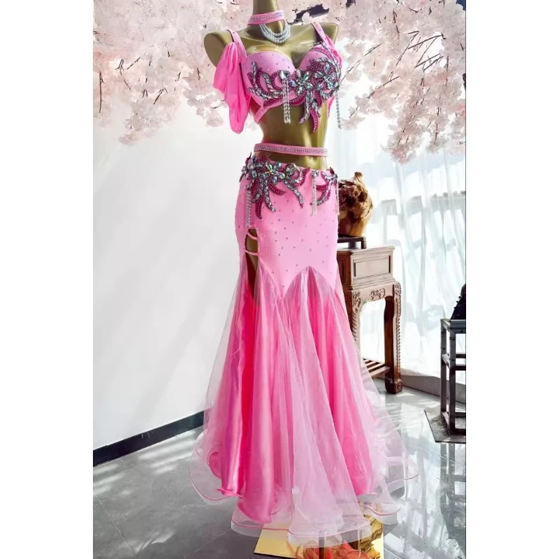 맞춤형 새로운 밸리 댄스 세트 공연 의상 연습 드레스 여성 브래지어 슬리밍 패키지 힙합 테일 스커트 오렌지 핑크 퍼플