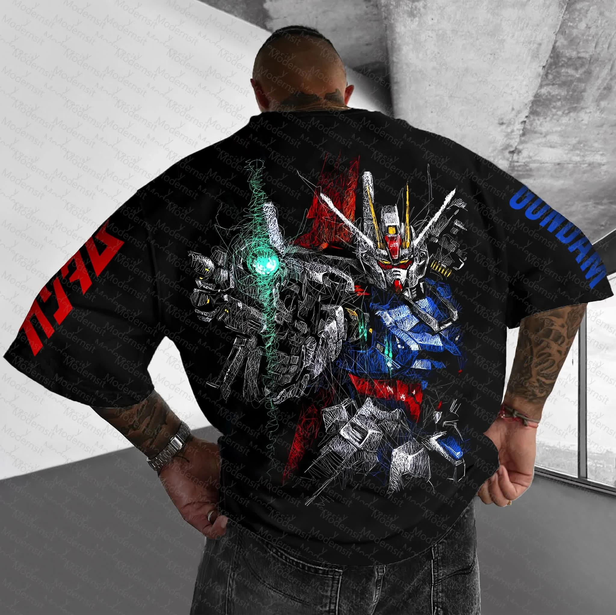 Men's Black Mecha Anime T-Shirt Dual Robot Back Print Gray Silver Green Glow Vs Multicolor Armor Cotton Streetwear Top